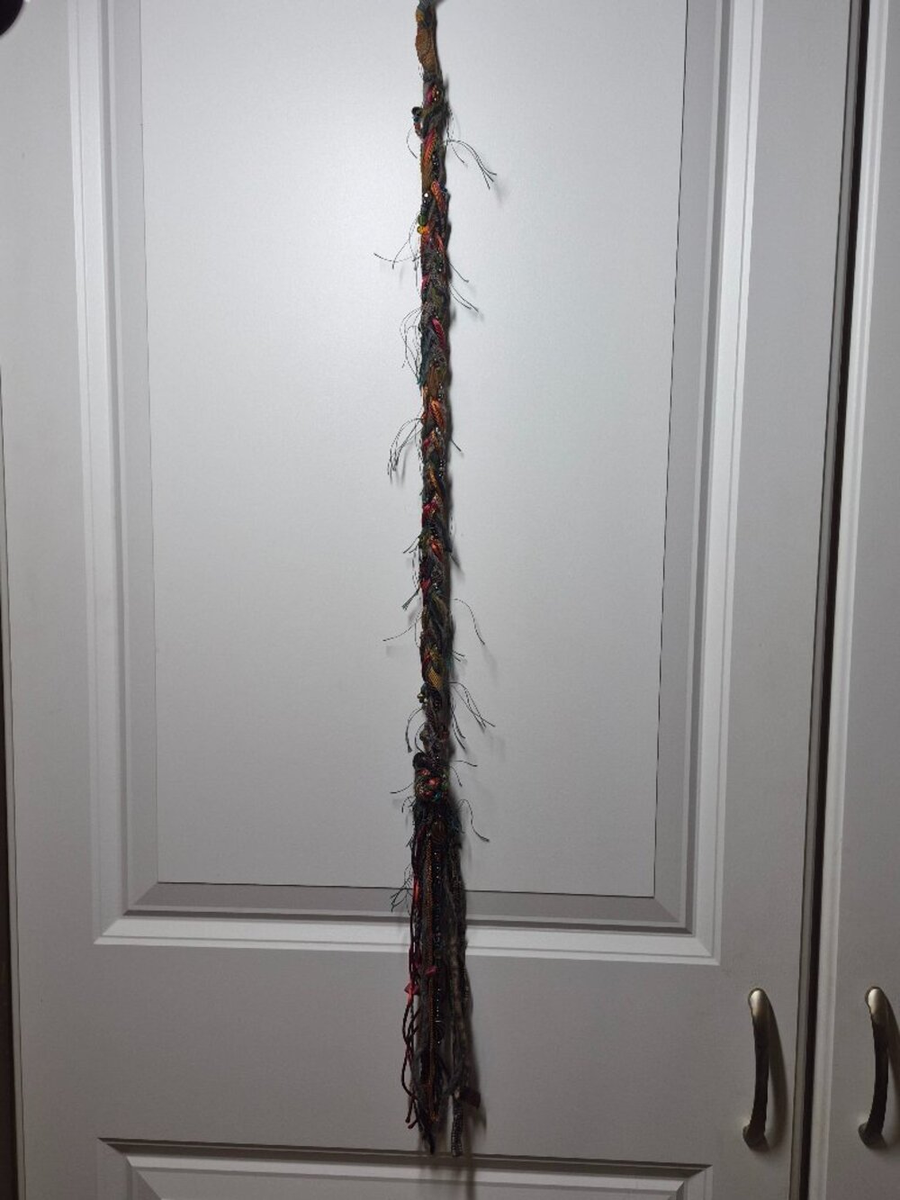 Handmade Boho Hair Wrap featuring Vibrant Yarn, Textured Fibers, Beads, Ribbons - Picture 5 of 9